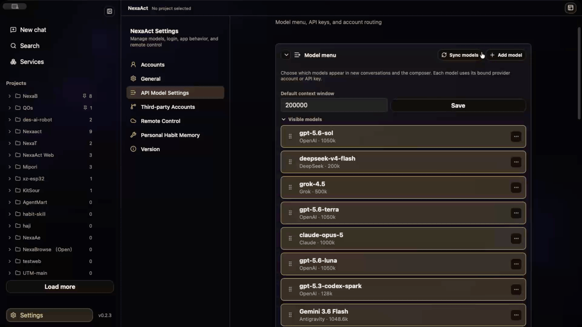 NexaAct custom provider and API model settings