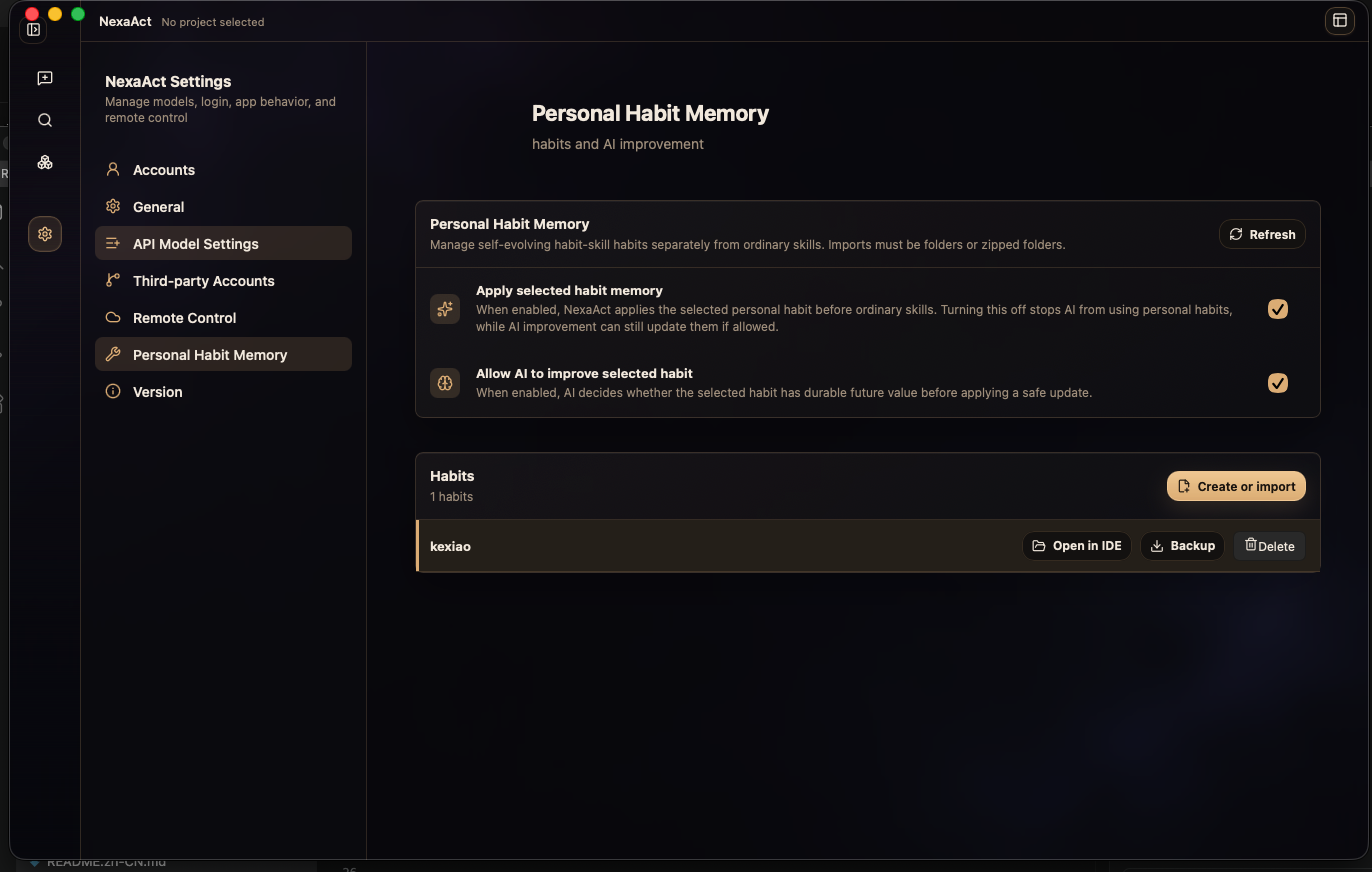 NexaAct personal habit memory settings