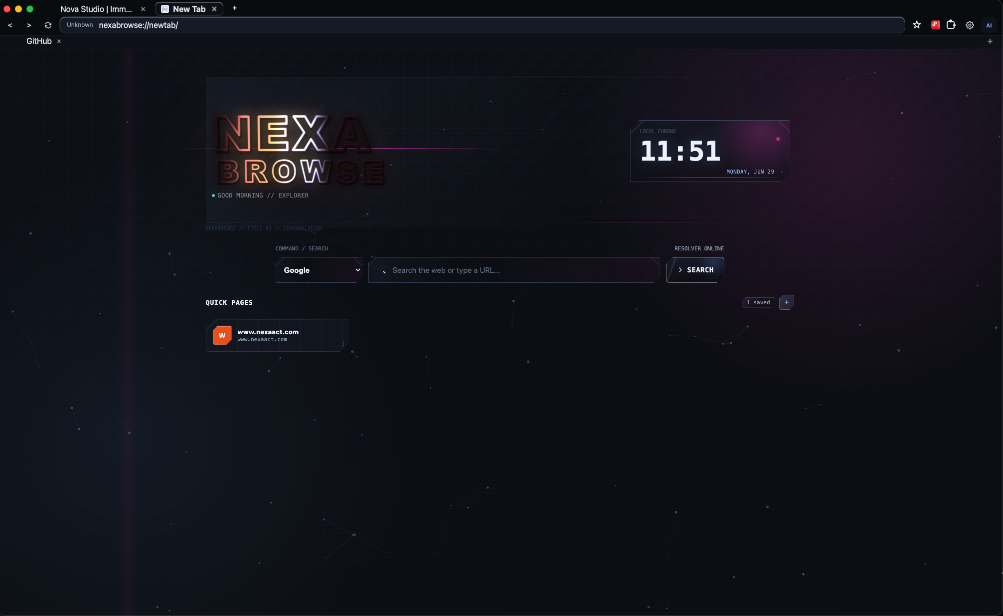 NexaBrowse new tab screen with search, quick pages, and agent-friendly browser chrome