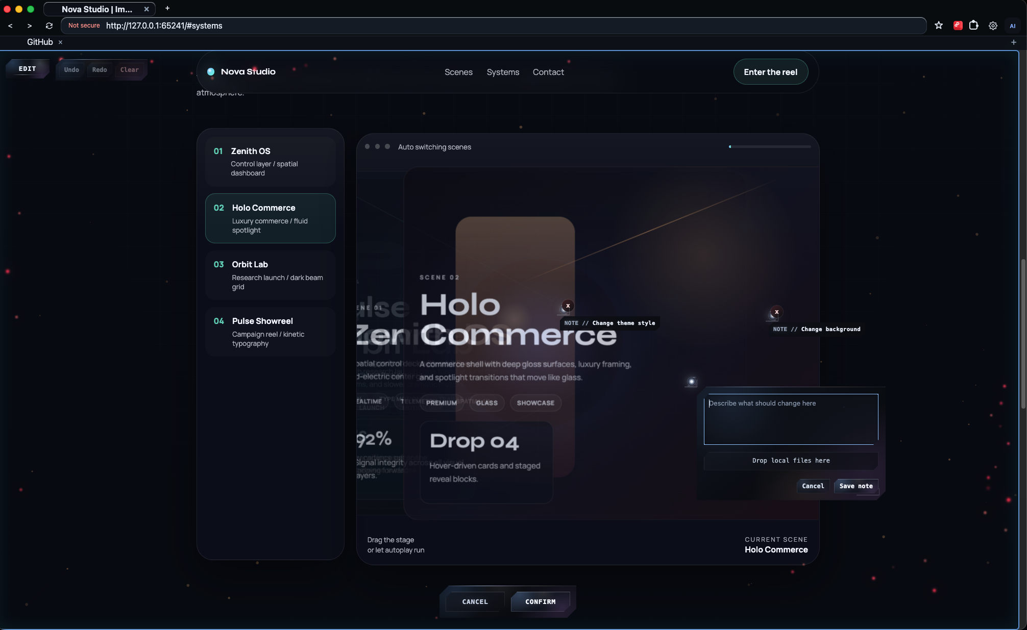 NexaBrowse live preview showing selected regions and notes on an interactive website stage