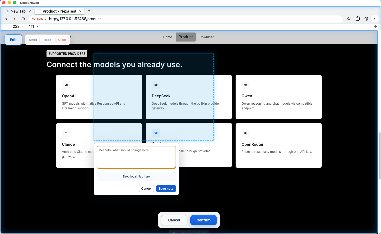 NexaBrowse live preview editor showing text editing controls on a product page