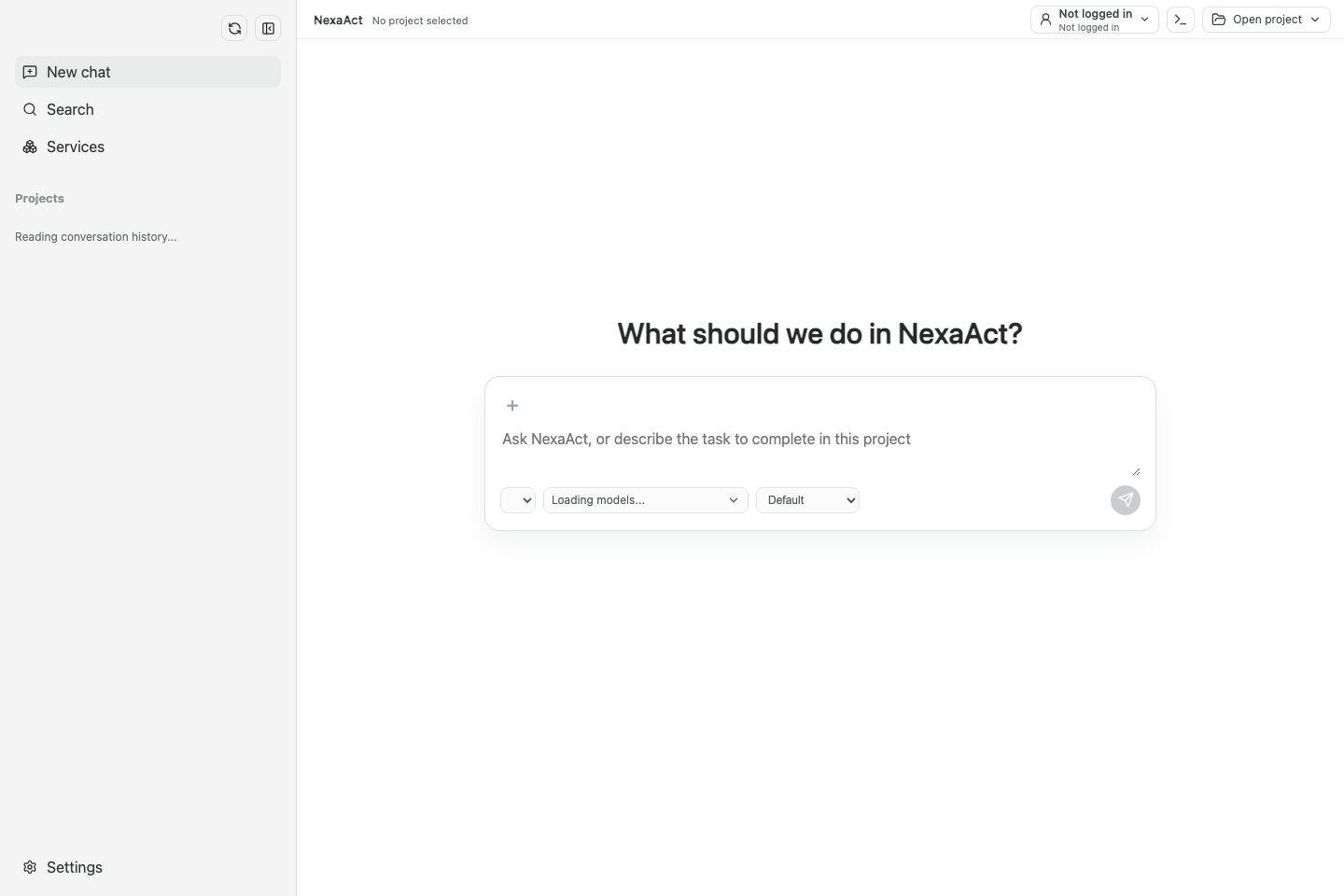 NexaAct desktop workspace showing project sidebar, chat composer, model controls, and local workspace state